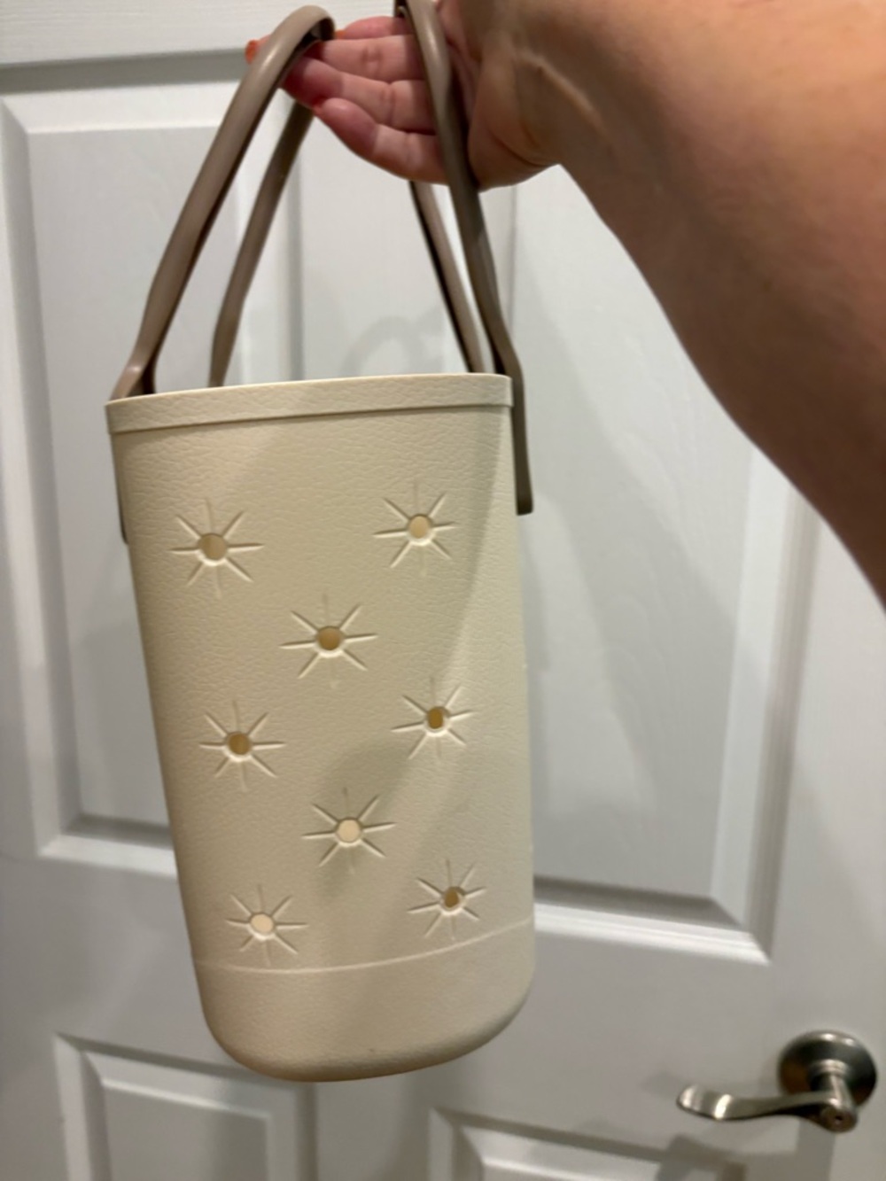 Tan cream Women's Tote Bag with Brown Handles and Yellow Flower Accents - Picture 5 of 8